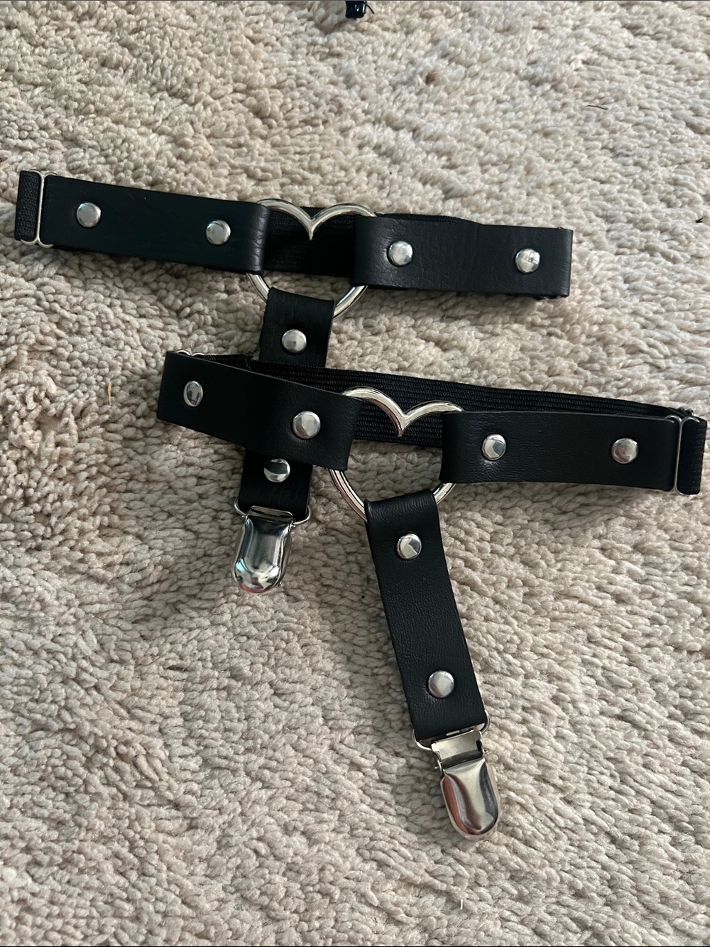 Black Heart Ring Strap Garters with Silver Hardware